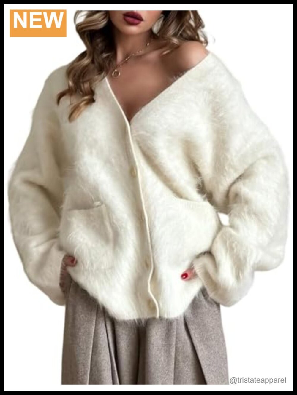 Women's Fuzzy Cardigan Oversized Fluffy Brushed Knit Long Sleeve V-Neck Button